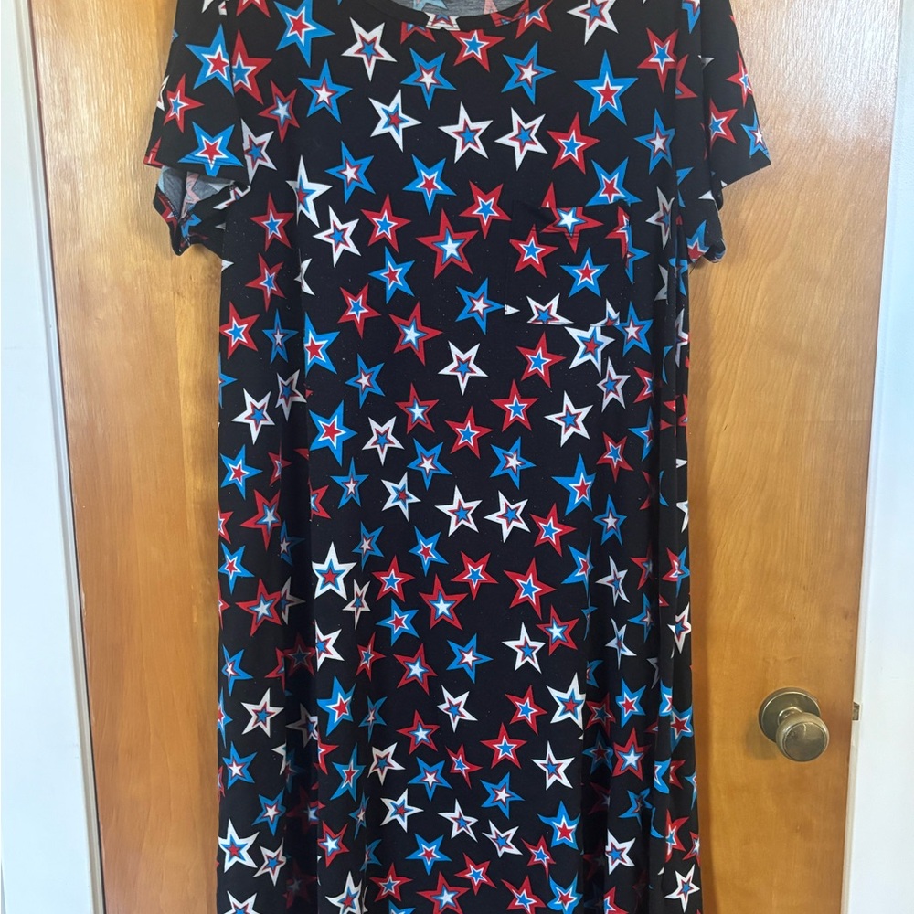 LuLaRoe Starry Women’s Carly Swing Dress XL Red, White, and Blue Stars on Black